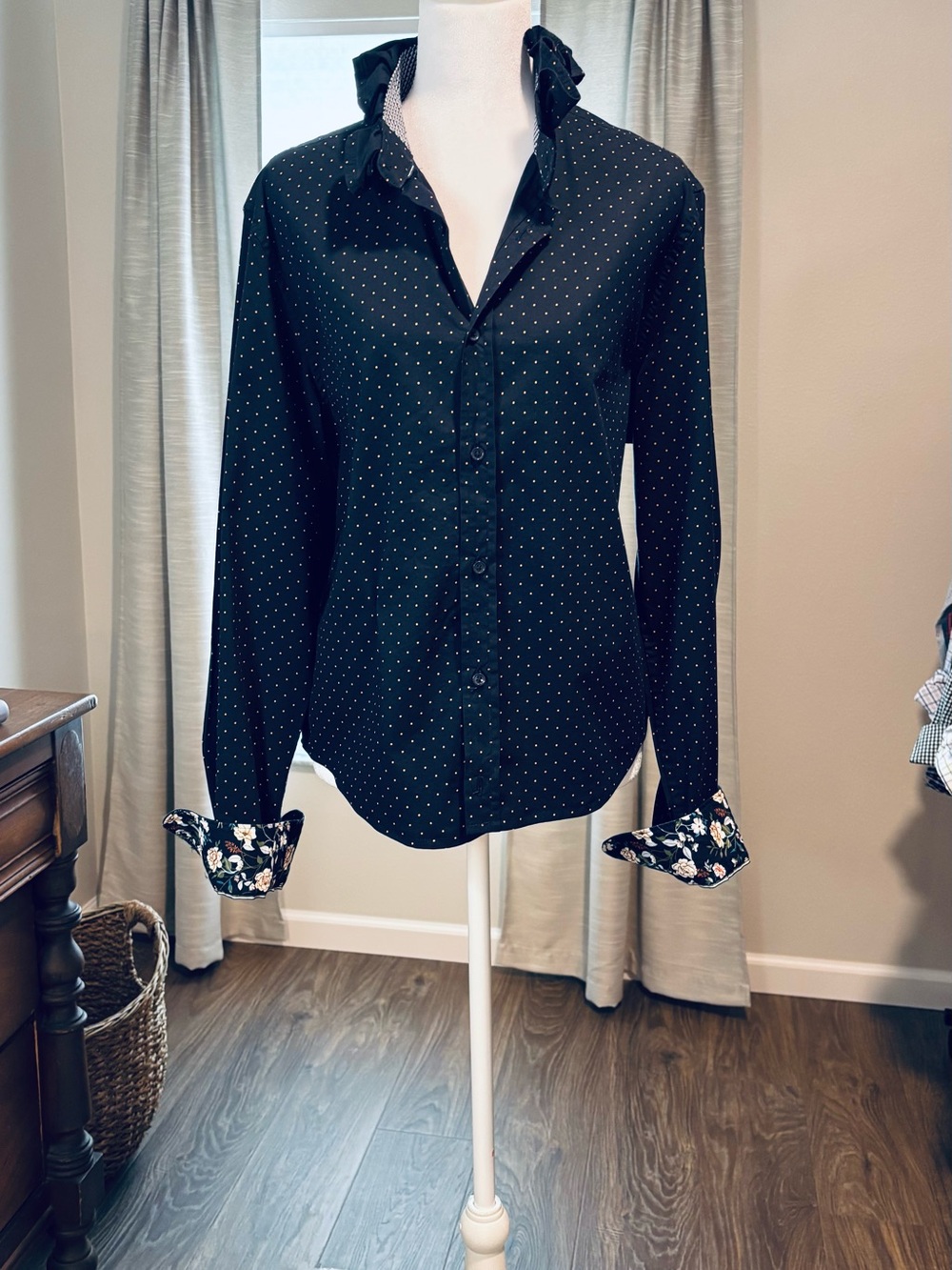 Denim & Flower Navy Blue Polka Dot Button-Down with Floral Cuffs